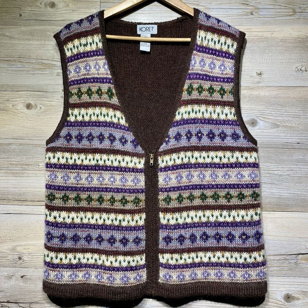 Vintage 90s Koret Fair Isle Sweater Vest Zip-Up Women’s Medium Mohair Blend